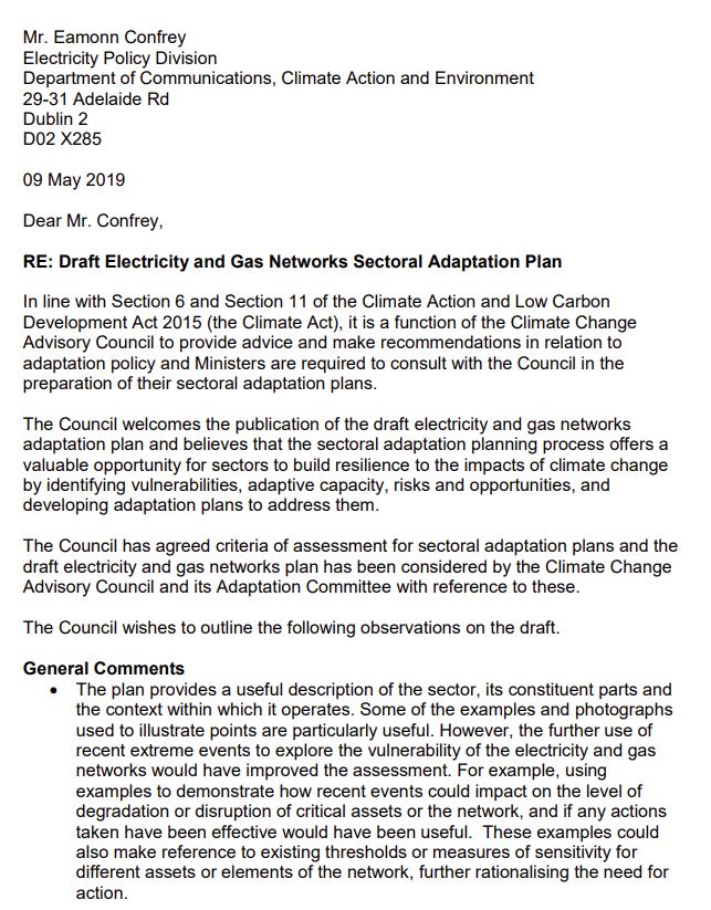 Response to Draft Gas and Electricity Adaptation Plan